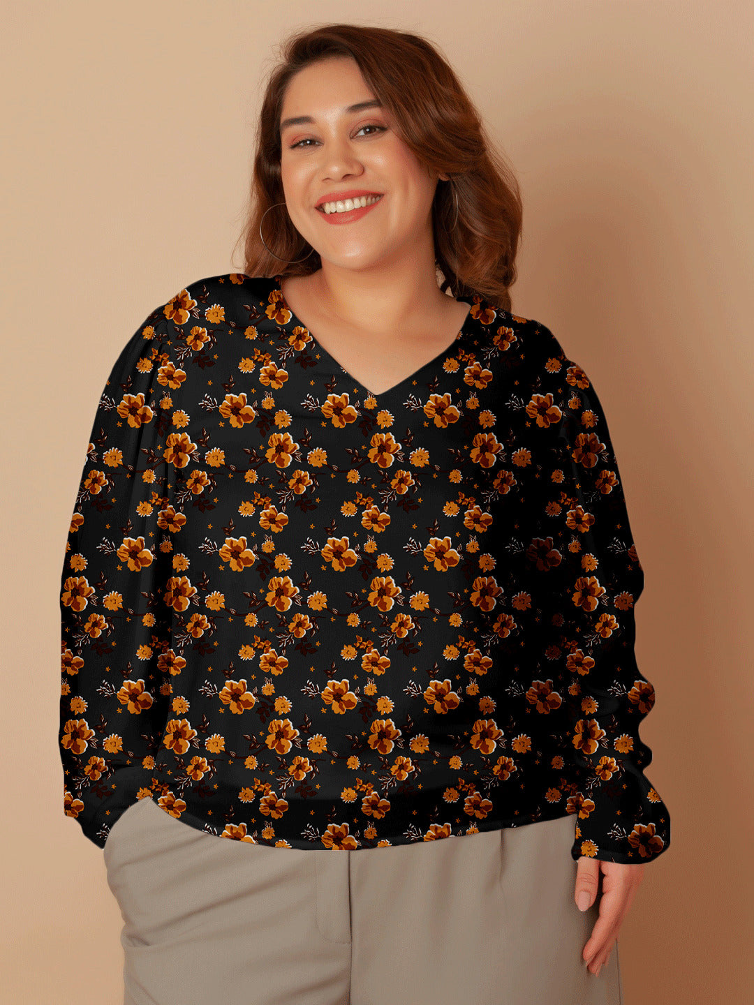 Black with Brown Floral Print Regular Top