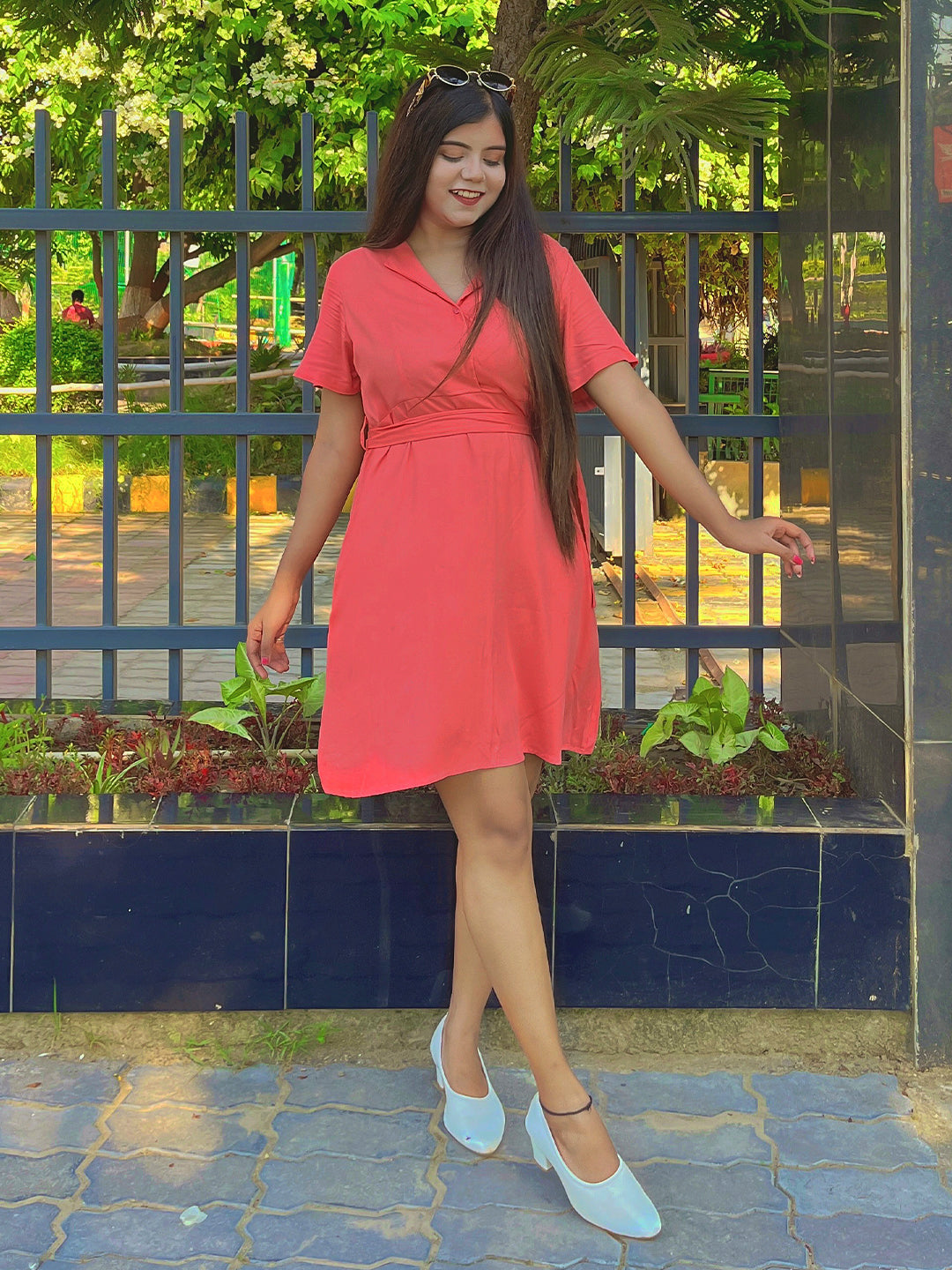 Coral Solid Shirt Dress