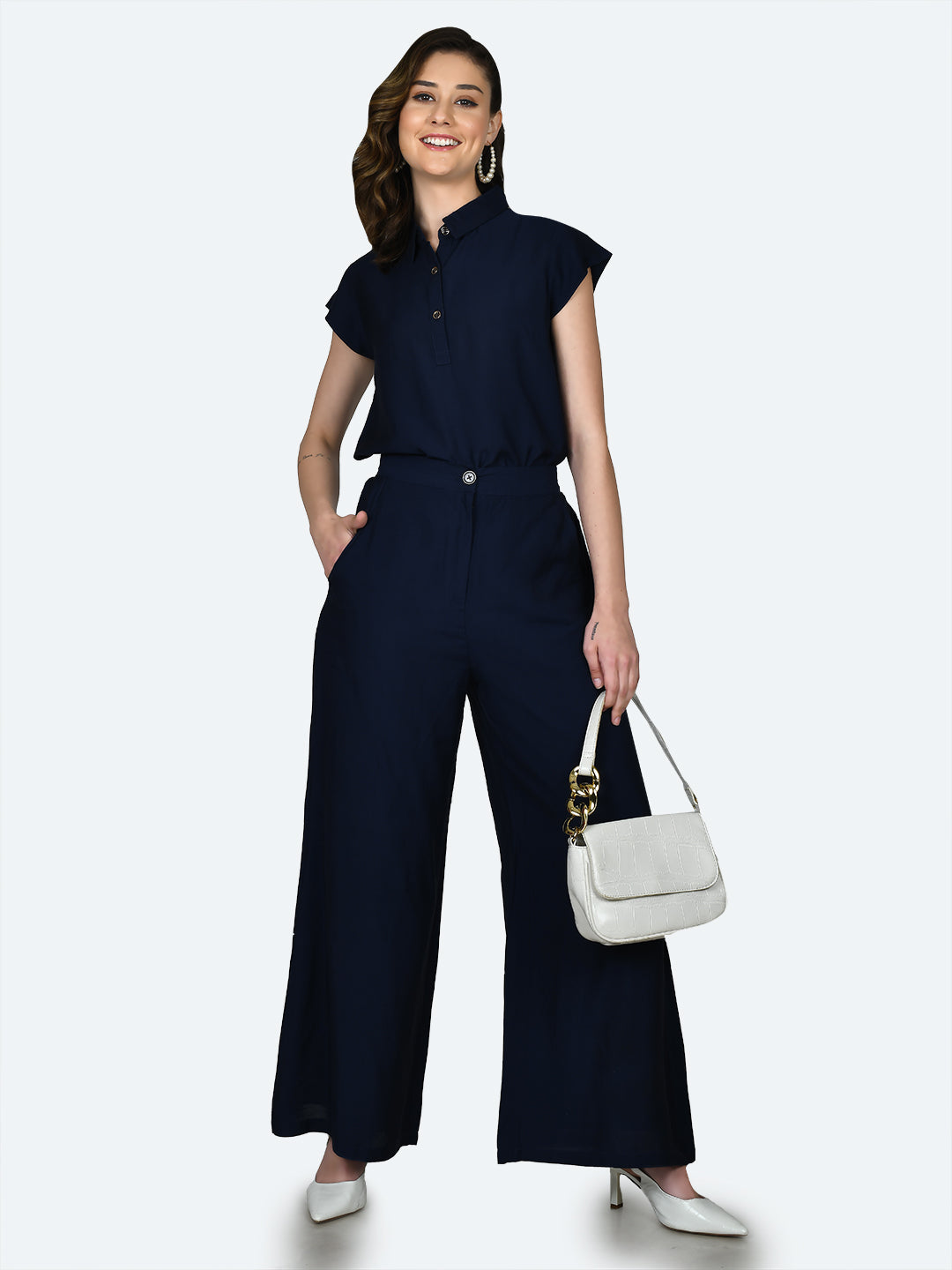 Blue Solid Wide Leg Trouser