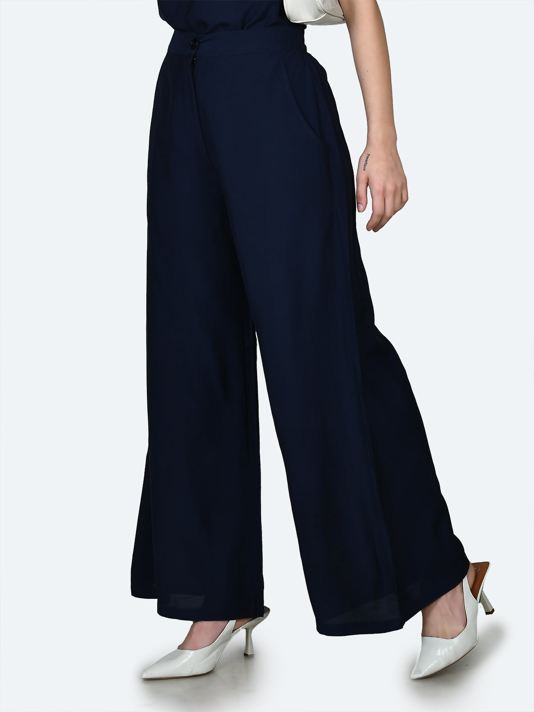 Blue Solid Wide Leg Trouser