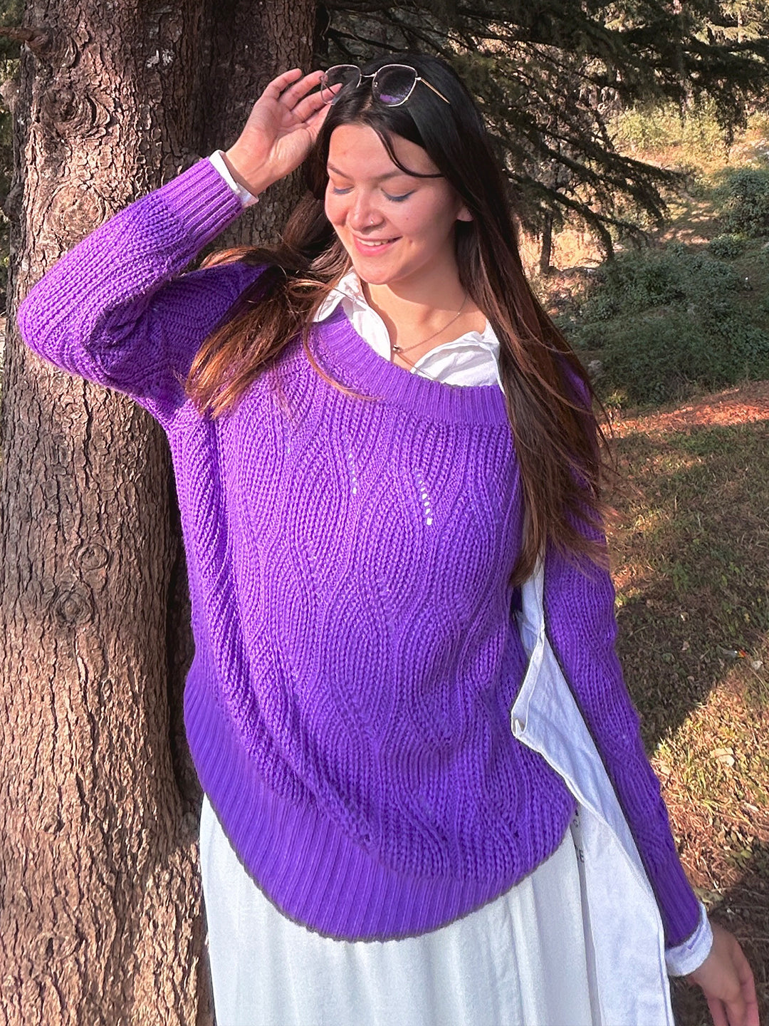 Purple Solid Off-shoulder Sweater