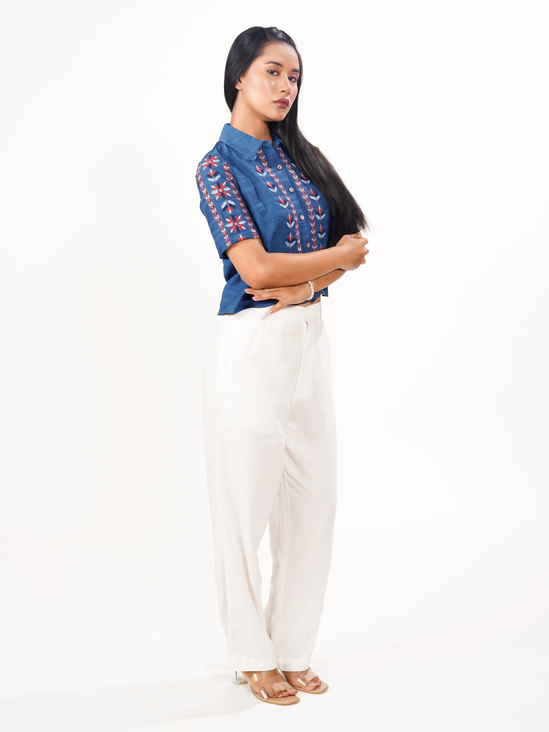 Blue Solid Embroidered Basic Shirt