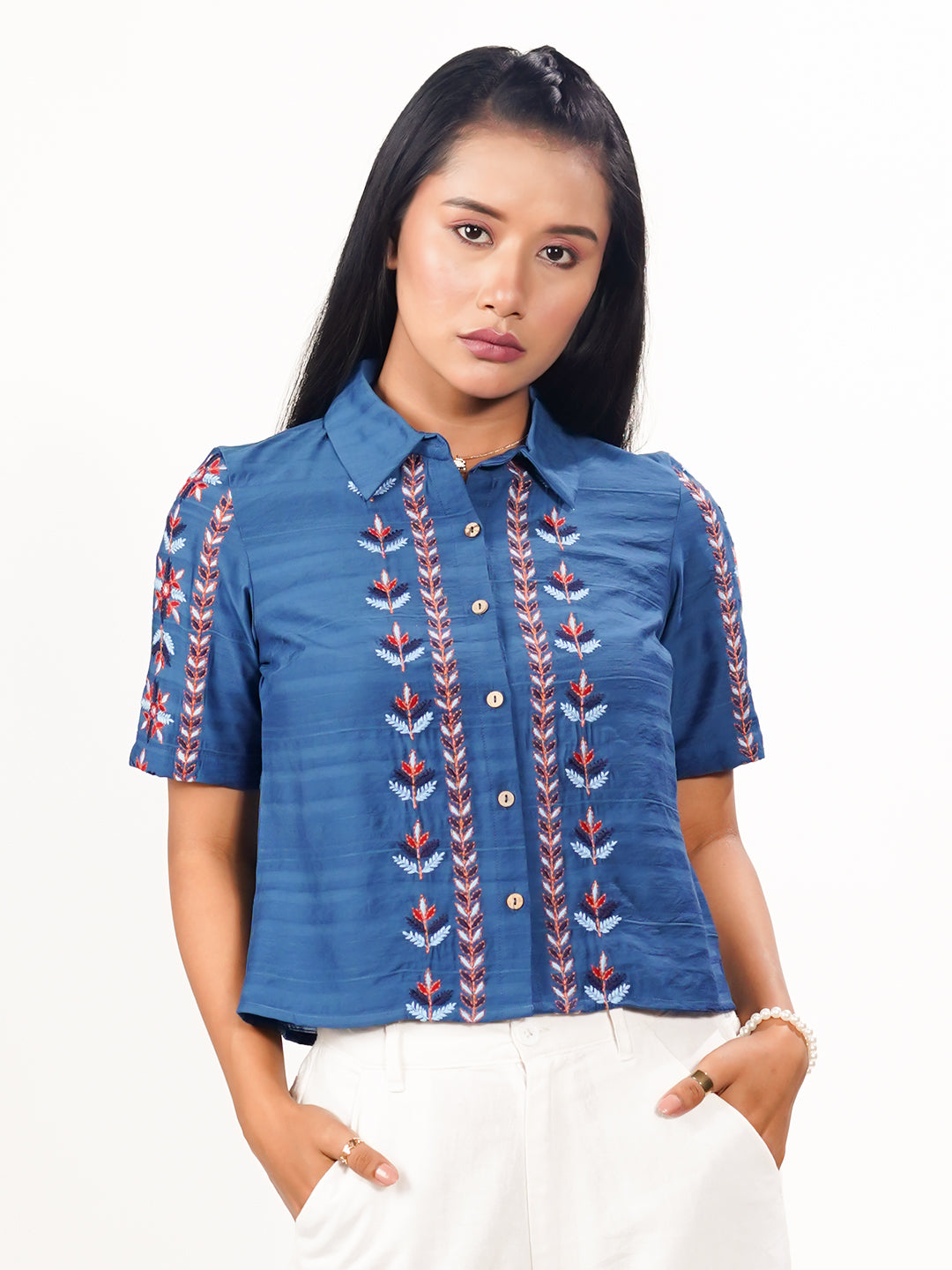 Blue Solid Embroidered Basic Shirt