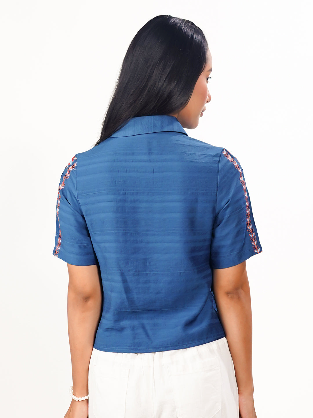 Blue Solid Embroidered Basic Shirt