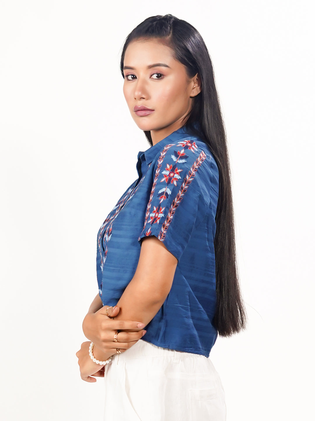 Blue Solid Embroidered Basic Shirt