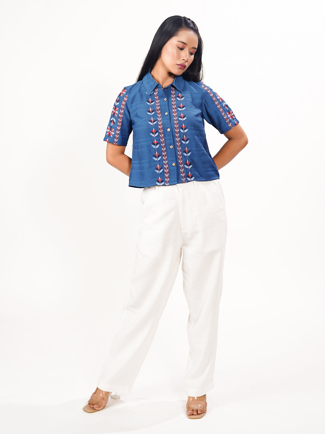 Blue Solid Embroidered Basic Shirt