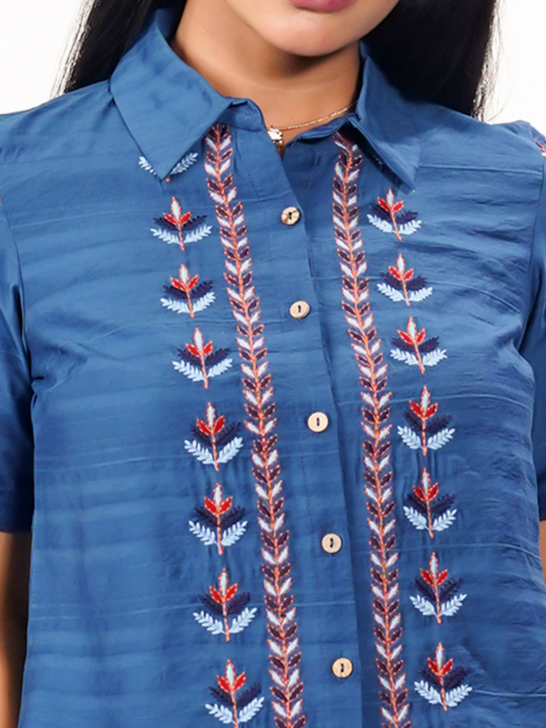 Blue Solid Embroidered Basic Shirt