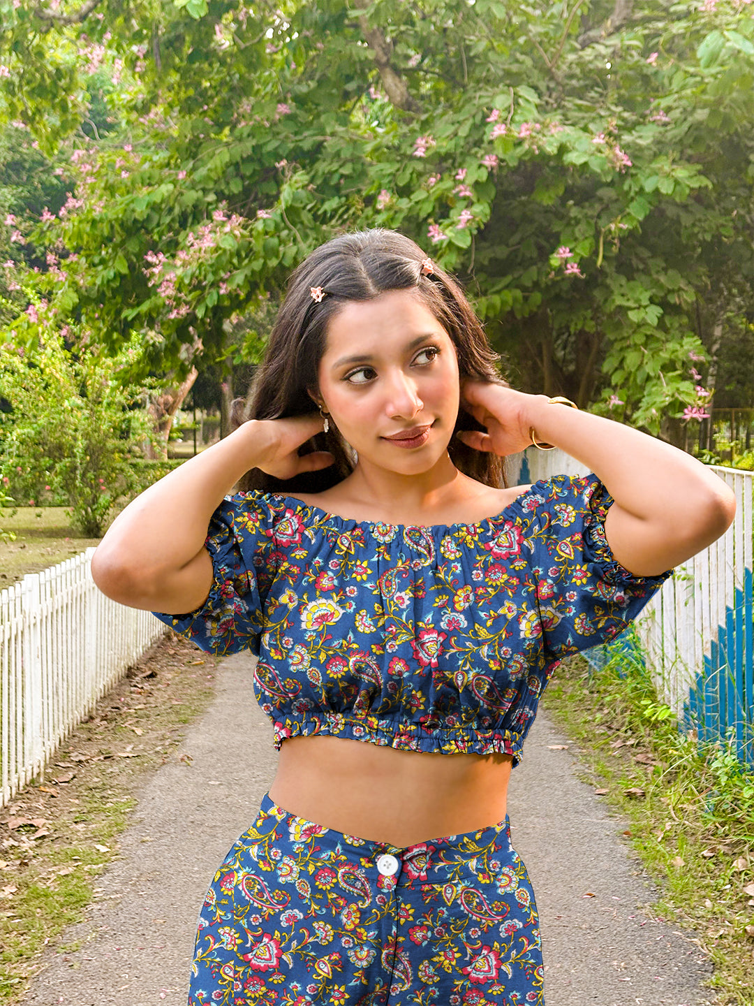 Blue Floral Prints Off-Shoulder Crop Top