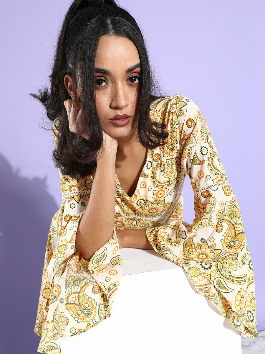 White Printed Flared Sleeve Short Dress