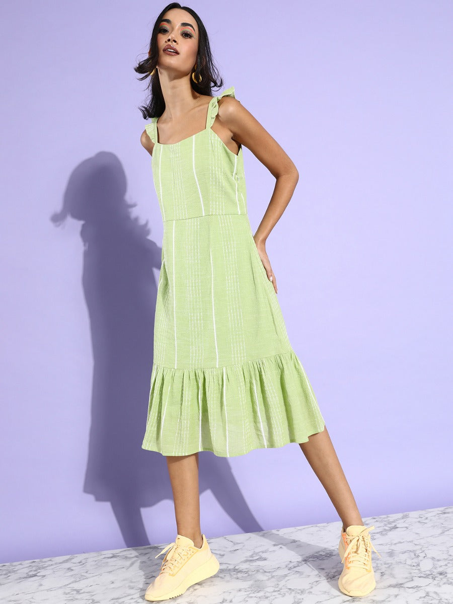Green Self Design Midi Dress For Women