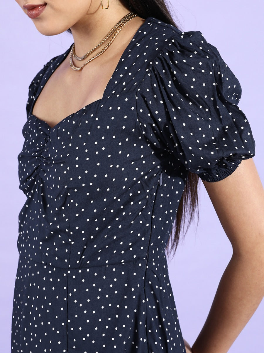 Blue Printed Puff Sleeve Midi Dress For Women