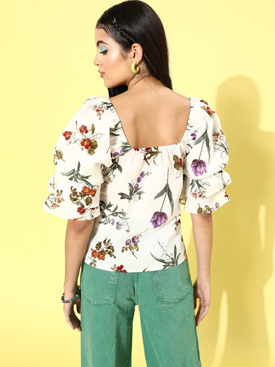 White Floral Print Puff Sleeve Top For Women