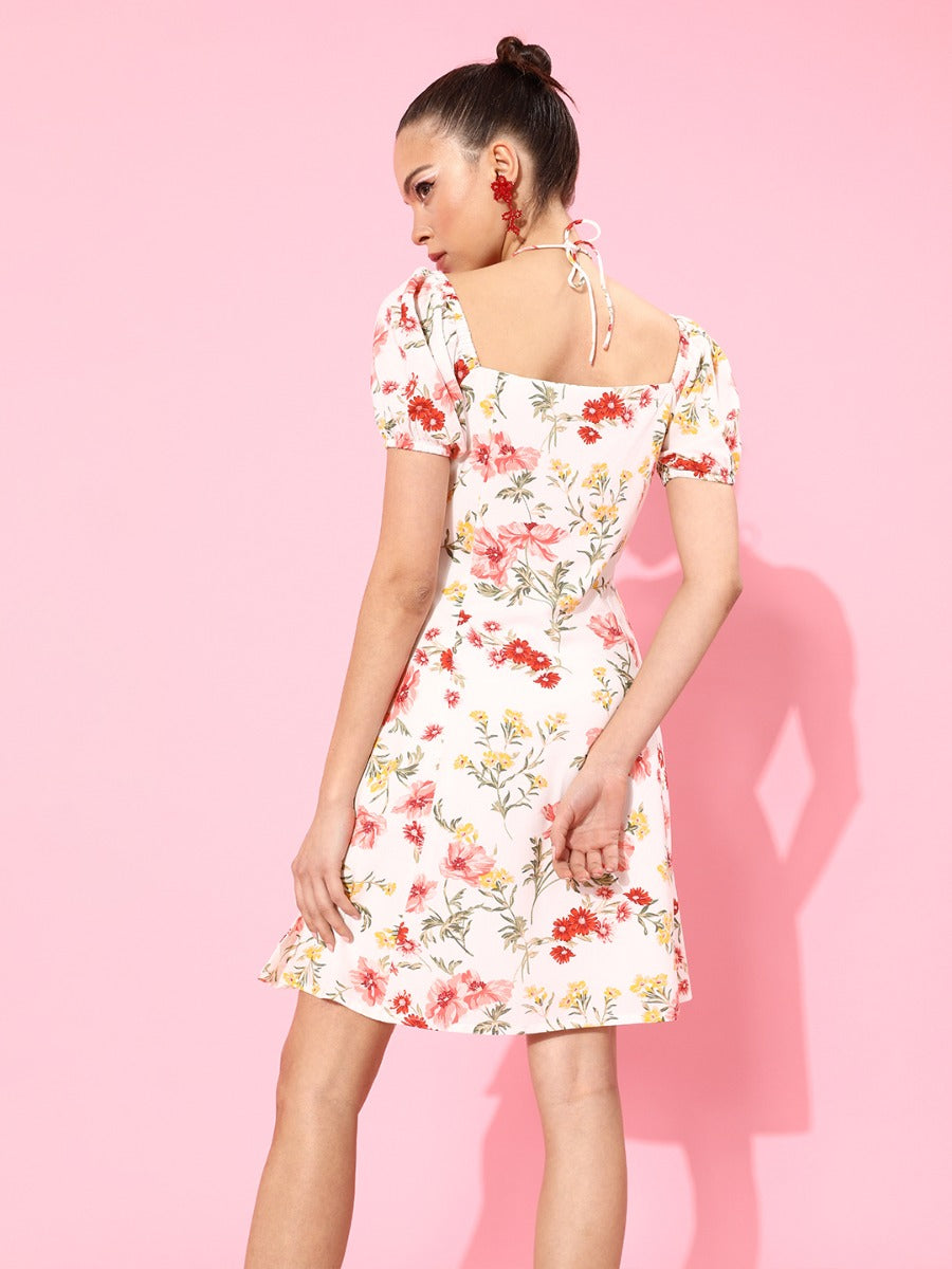 White Floral Print Shift Dress