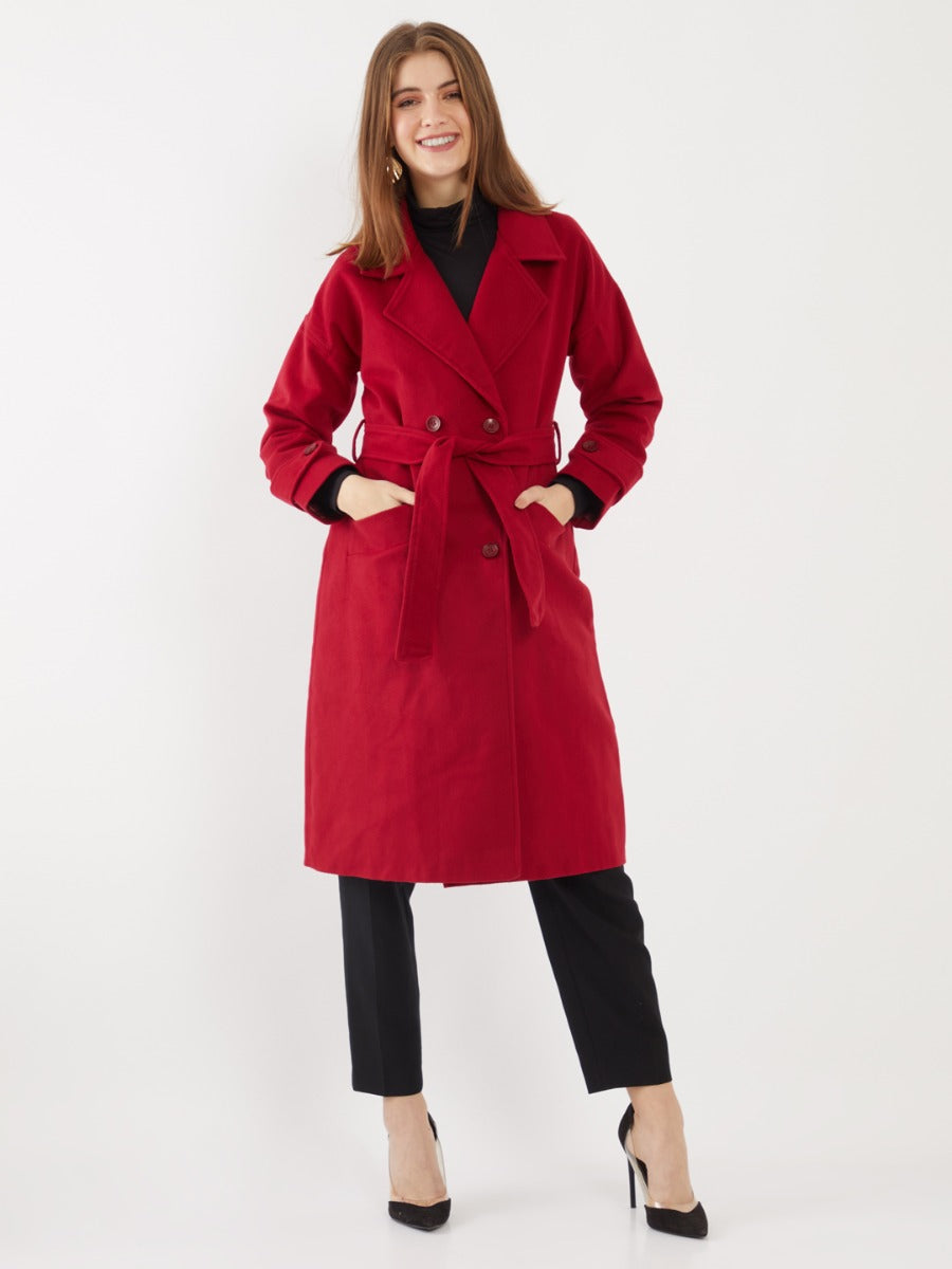 Red Solid Trench Coat For Women