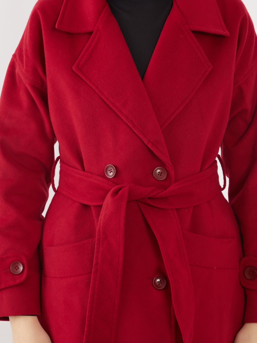 Red Solid Trench Coat For Women