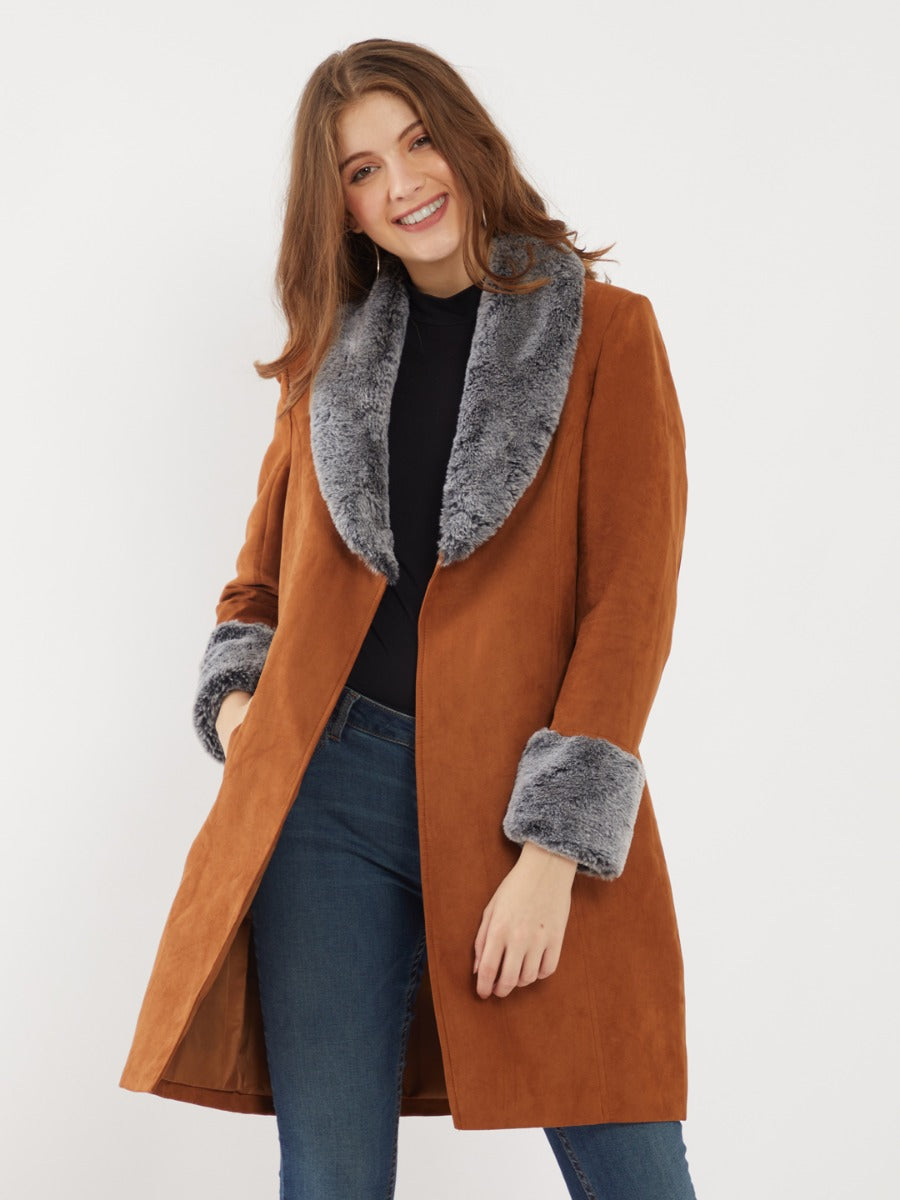 Tan Solid Coat For Women