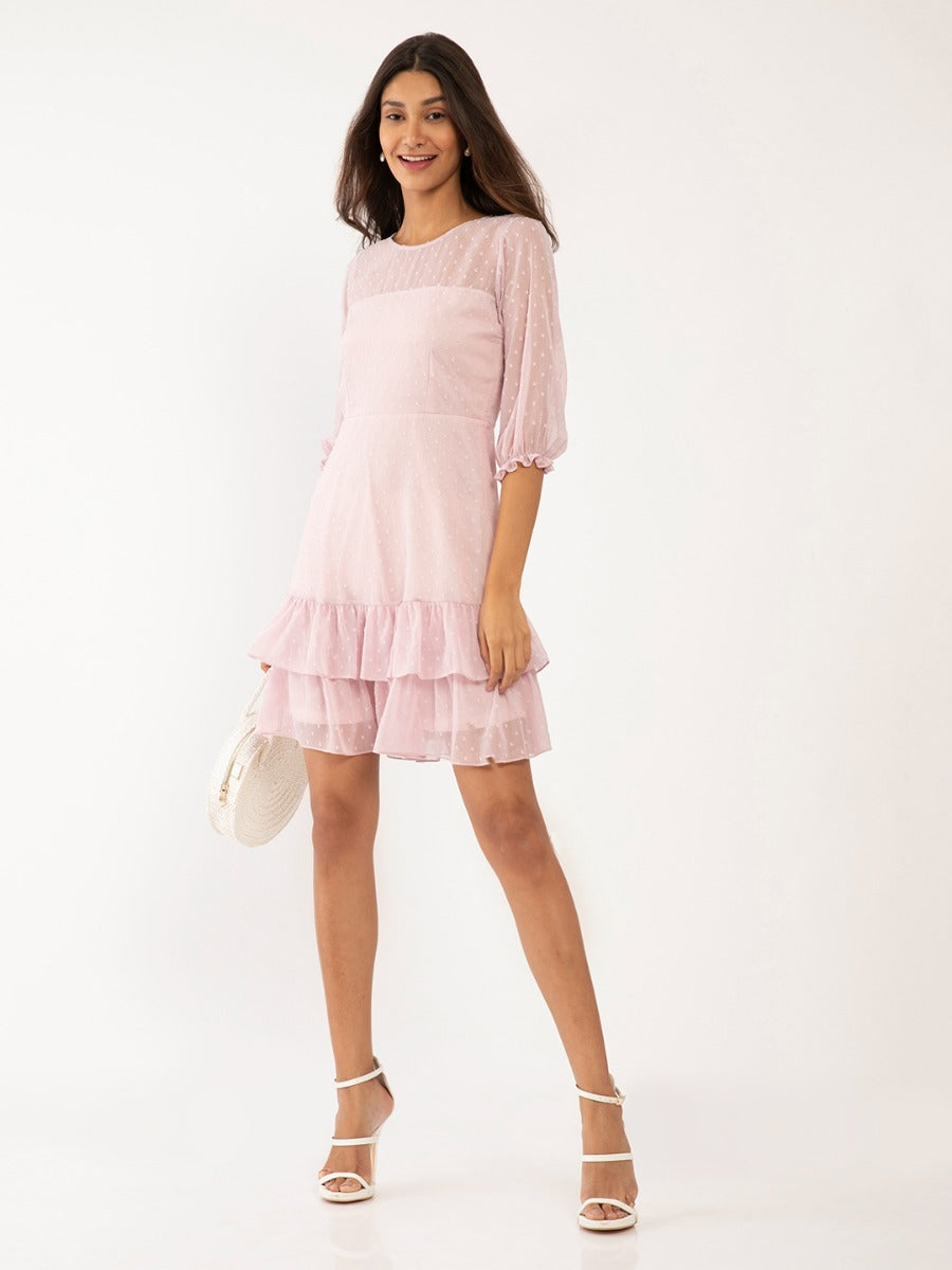 Pink Textured Tiered Short Dress