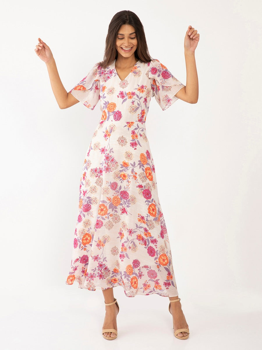 Cream Floral Print Flared Sleeve Maxi