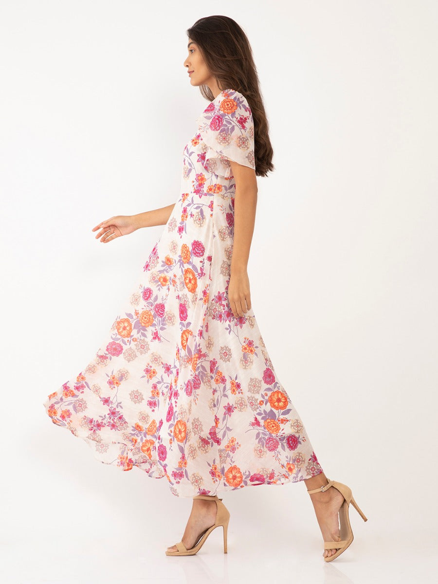 Cream Floral Print Flared Sleeve Maxi