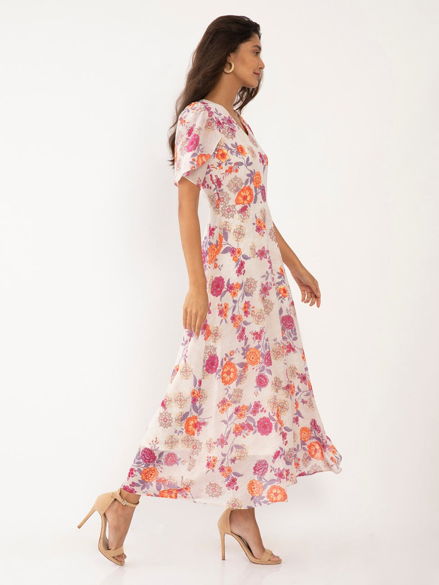 Cream Floral Print Flared Sleeve Maxi