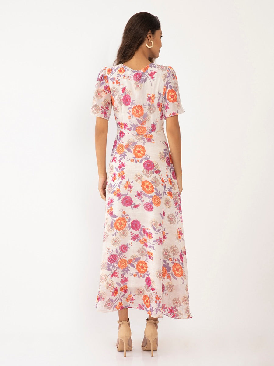 Cream Floral Print Flared Sleeve Maxi