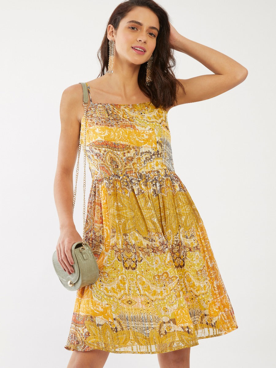 Yellow Ethnic Motif Strappy Short Dress