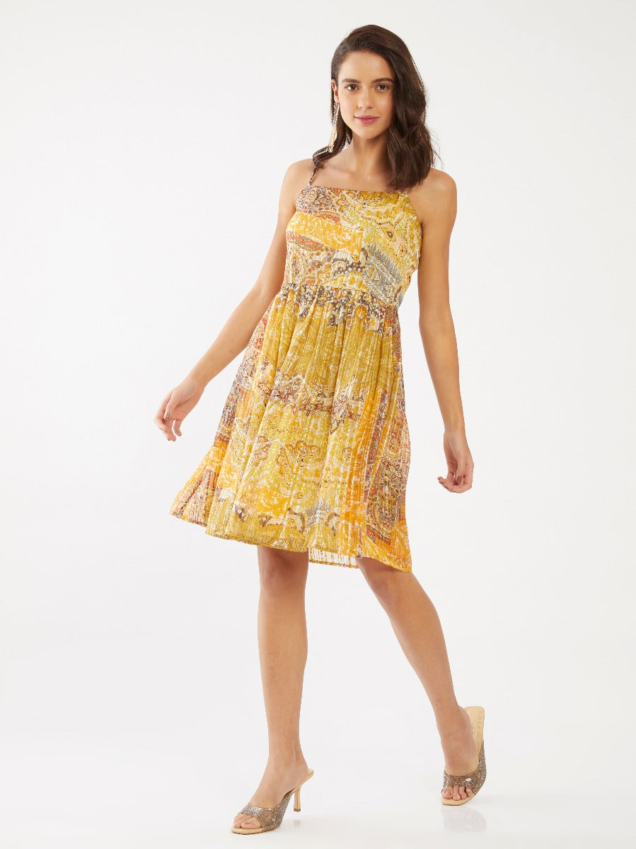 Yellow Ethnic Motif Strappy Short Dress