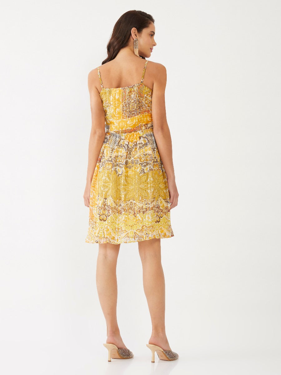 Yellow Ethnic Motif Strappy Short Dress