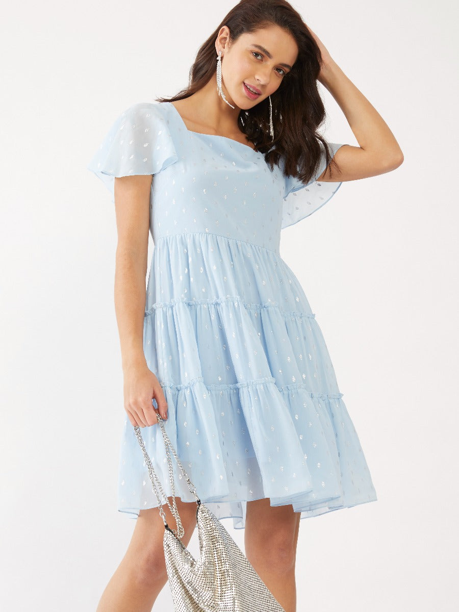 Blue Polka Tiered Short Dress