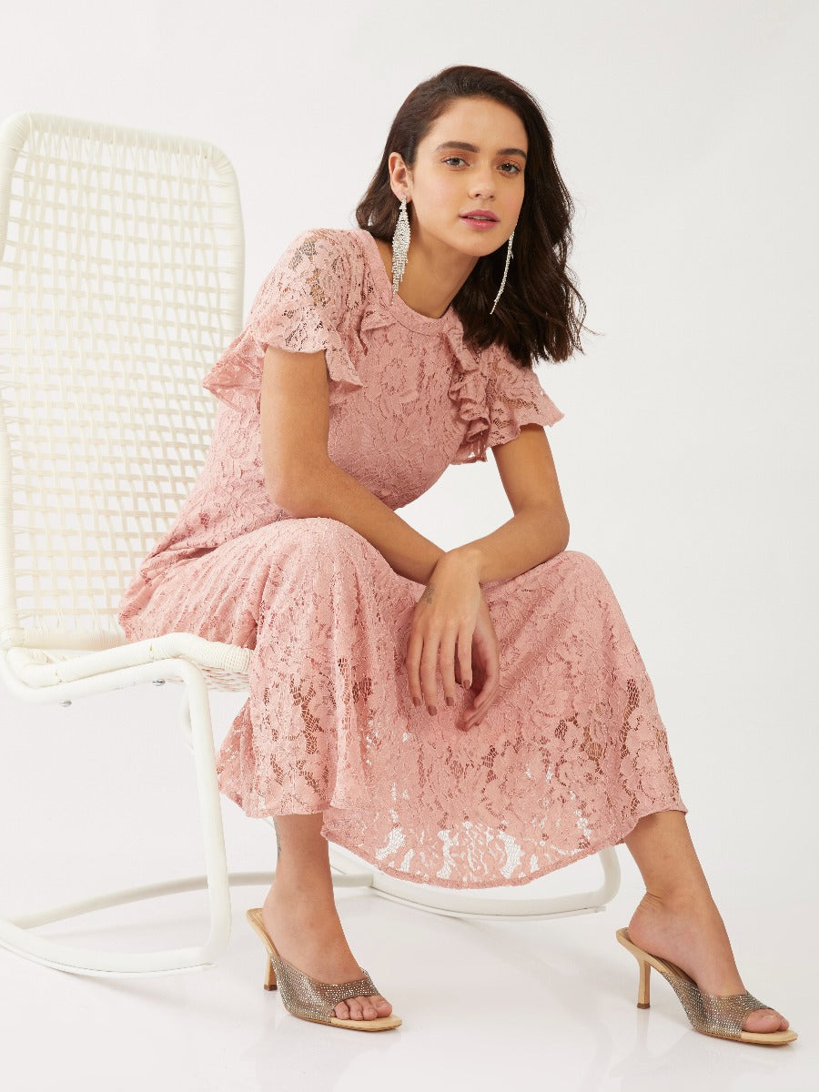 Pink Lace Flared Sleeve Maxi Dress