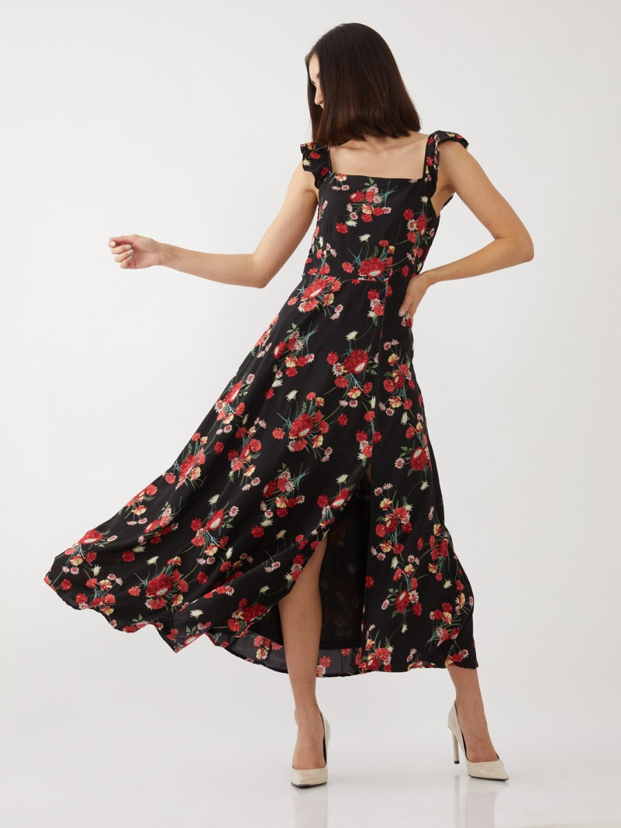 Black Floral Print Strappy Maxi Dress