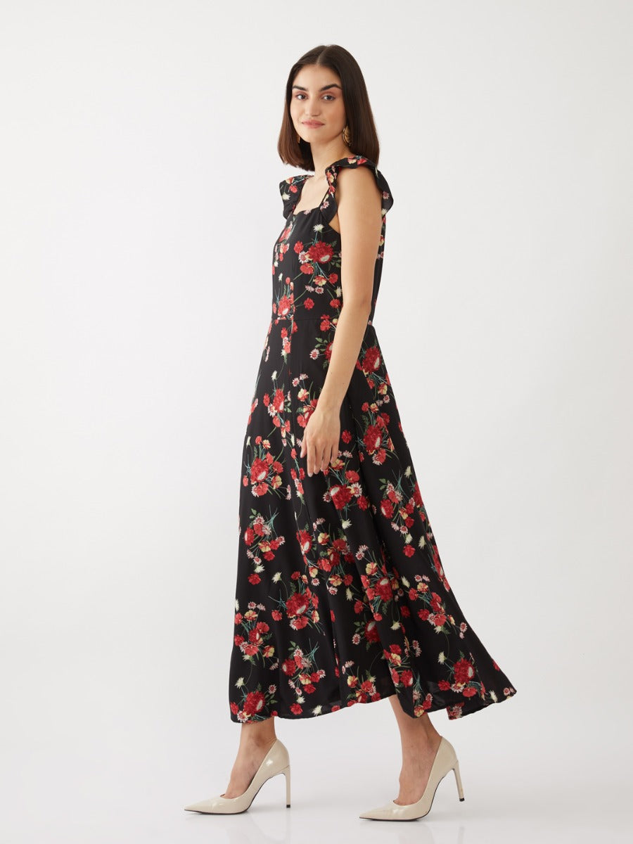 Black Floral Print Strappy Maxi Dress