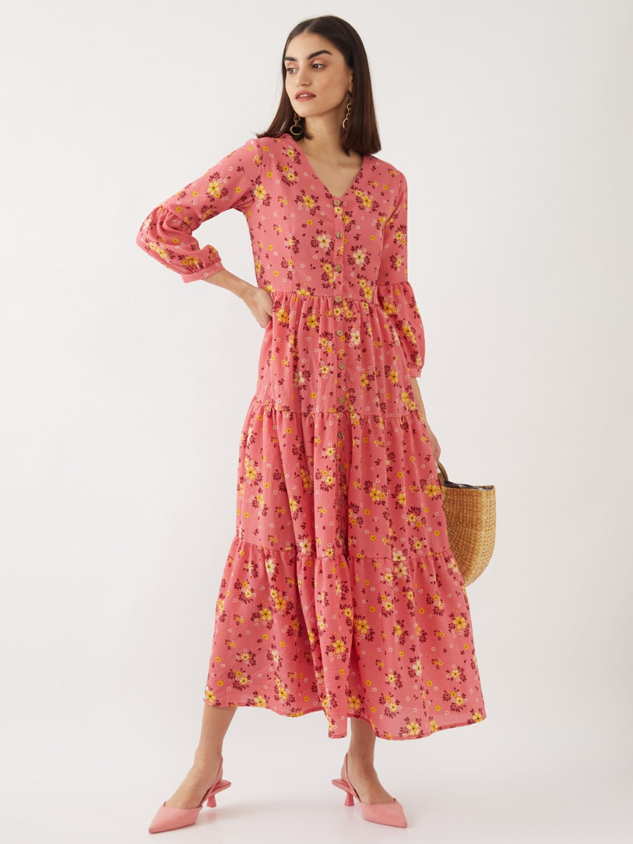 Peach Printed Puff Sleeve Maxi