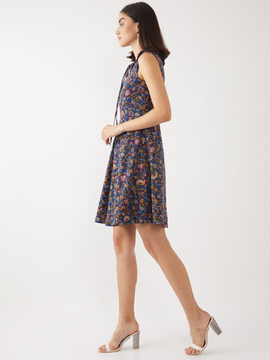 Navy Blue Printed Tie-Up Short Dress For Women