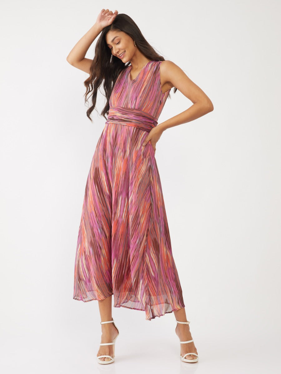 Multicolored Printed Pleated Maxi