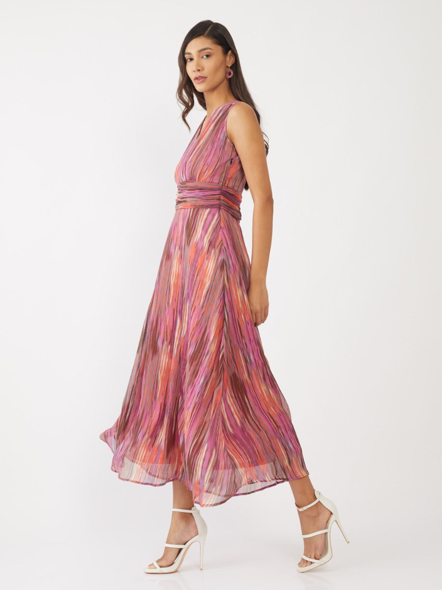 Multicolored Printed Pleated Maxi