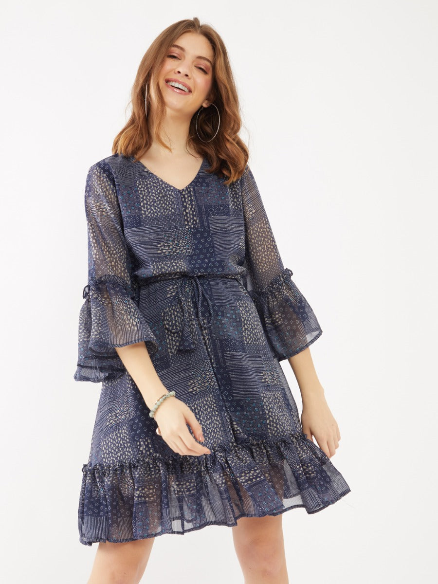 Navy Printed Flared Sleeve Short Dress