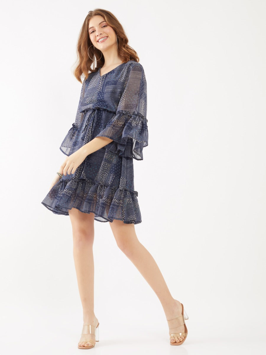 Navy Printed Flared Sleeve Short Dress