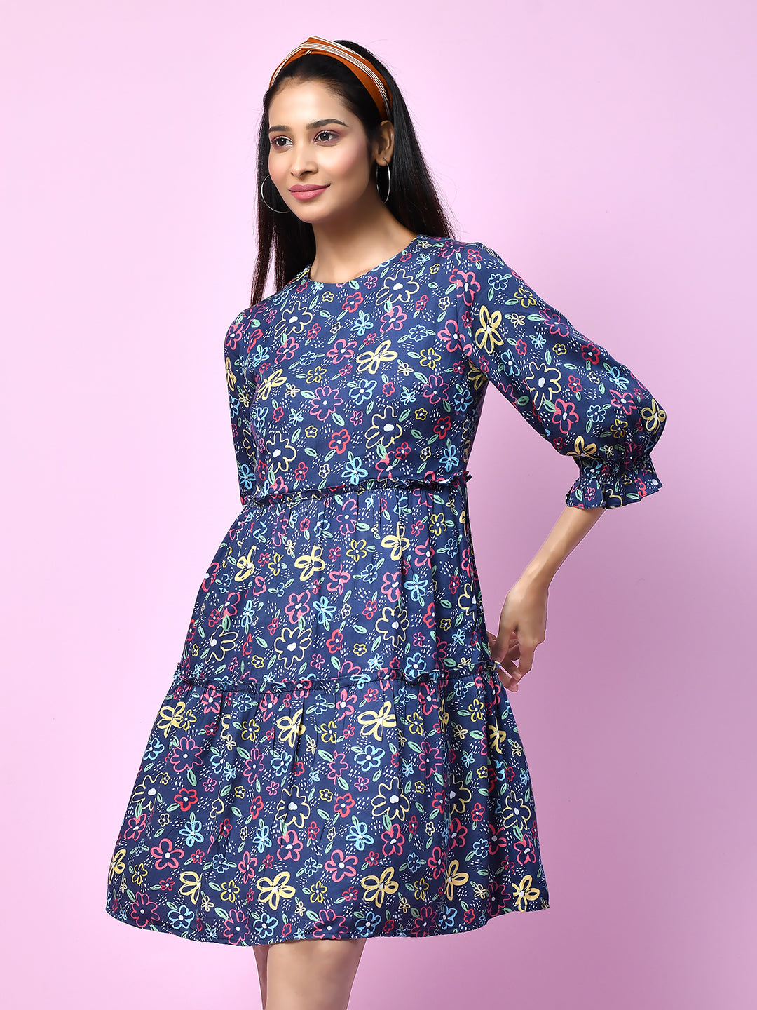 Blue_Quirky_Printed_Gathered_Short_Dress_for_Women_D06001_3