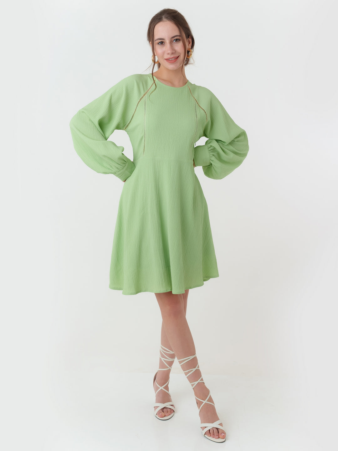 Green_Textured_Regular_Short_Dress_1
