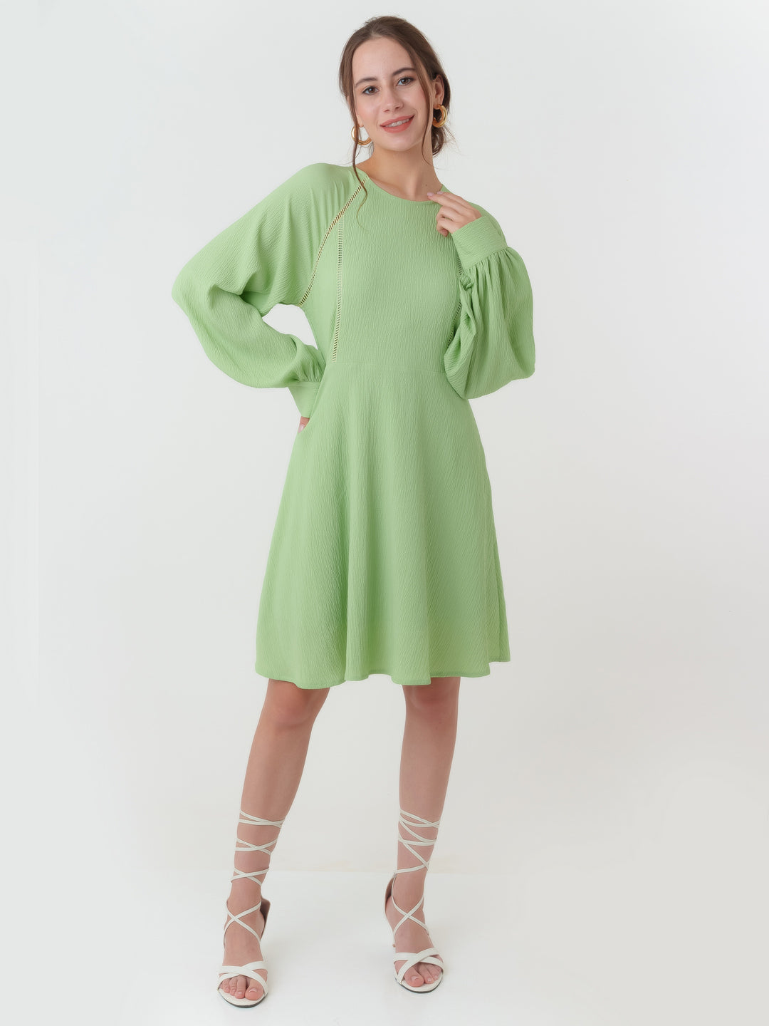 Green_Textured_Regular_Short_Dress_5