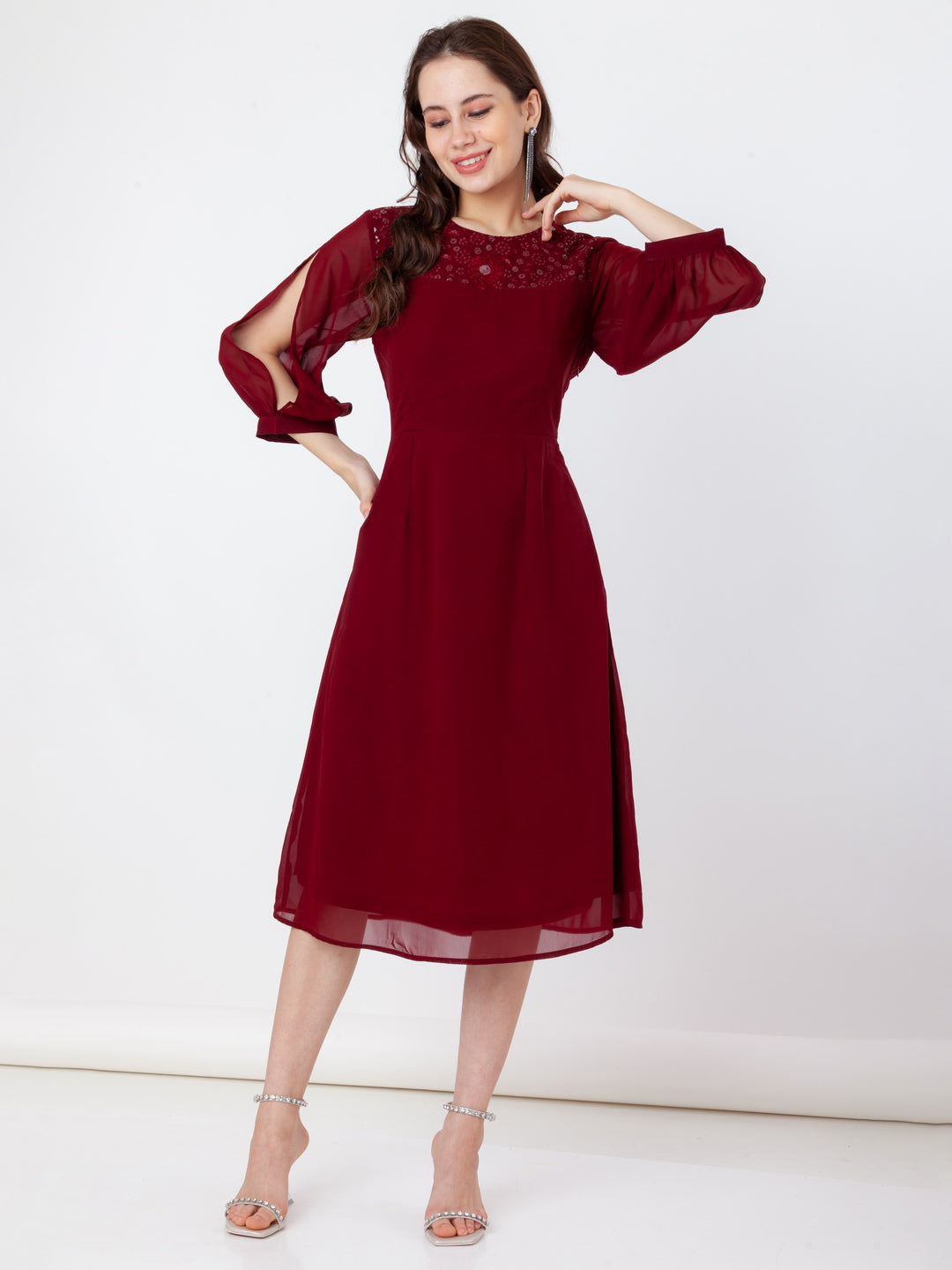 Maroon_Embroidered_A-Line_Midi_Dress_1