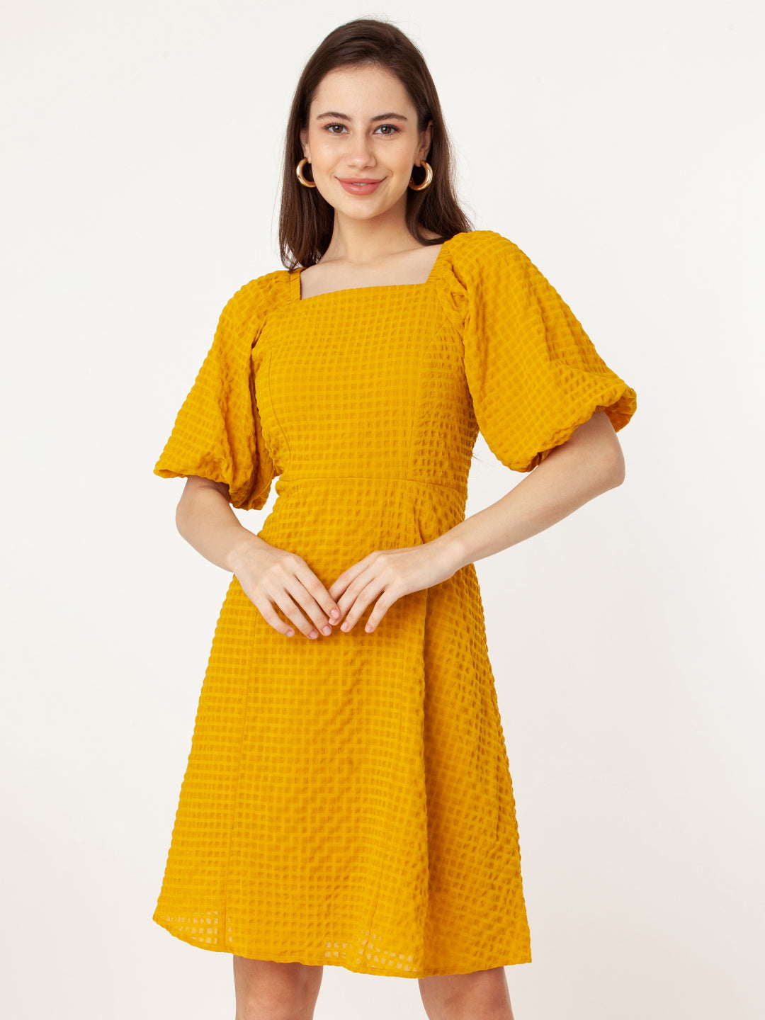 Yellow_Self_Design_Flared_Short_Dress_2