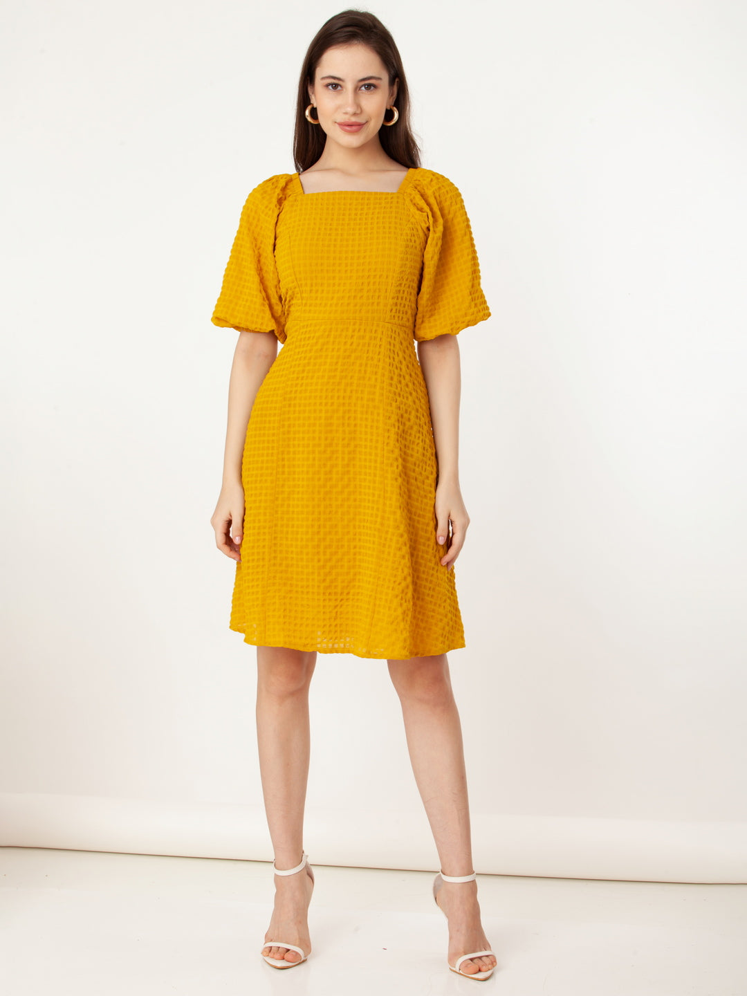 Yellow_Self_Design_Flared_Short_Dress_5