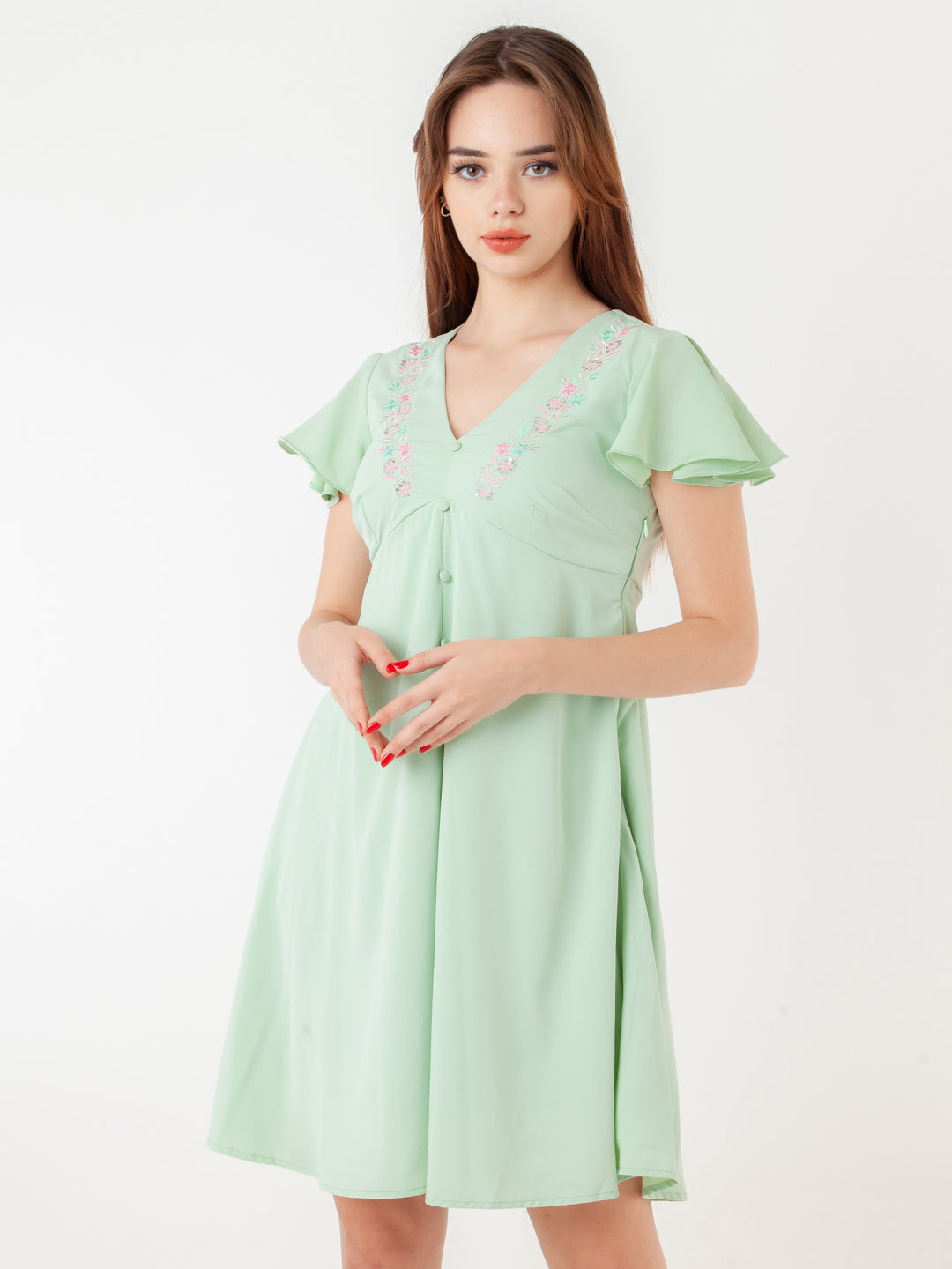 Green-Embroidered-Flared-Short-Dress-D06102_2