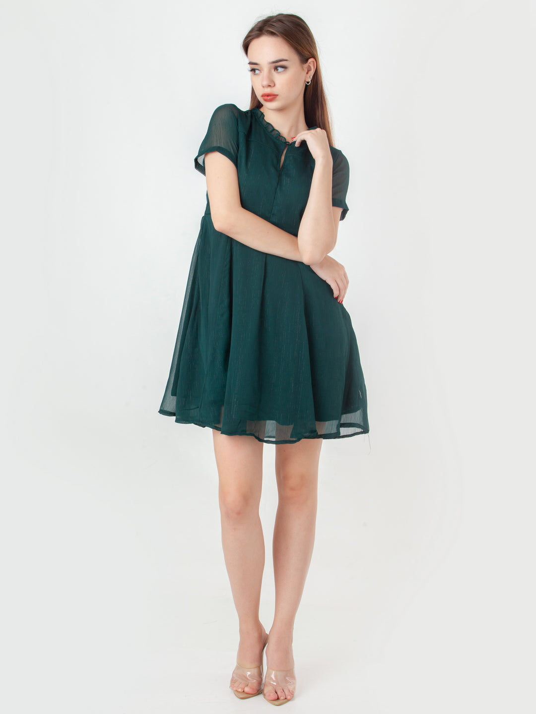 Green-Self-Design-Flared-Short-Dress-D06112_1