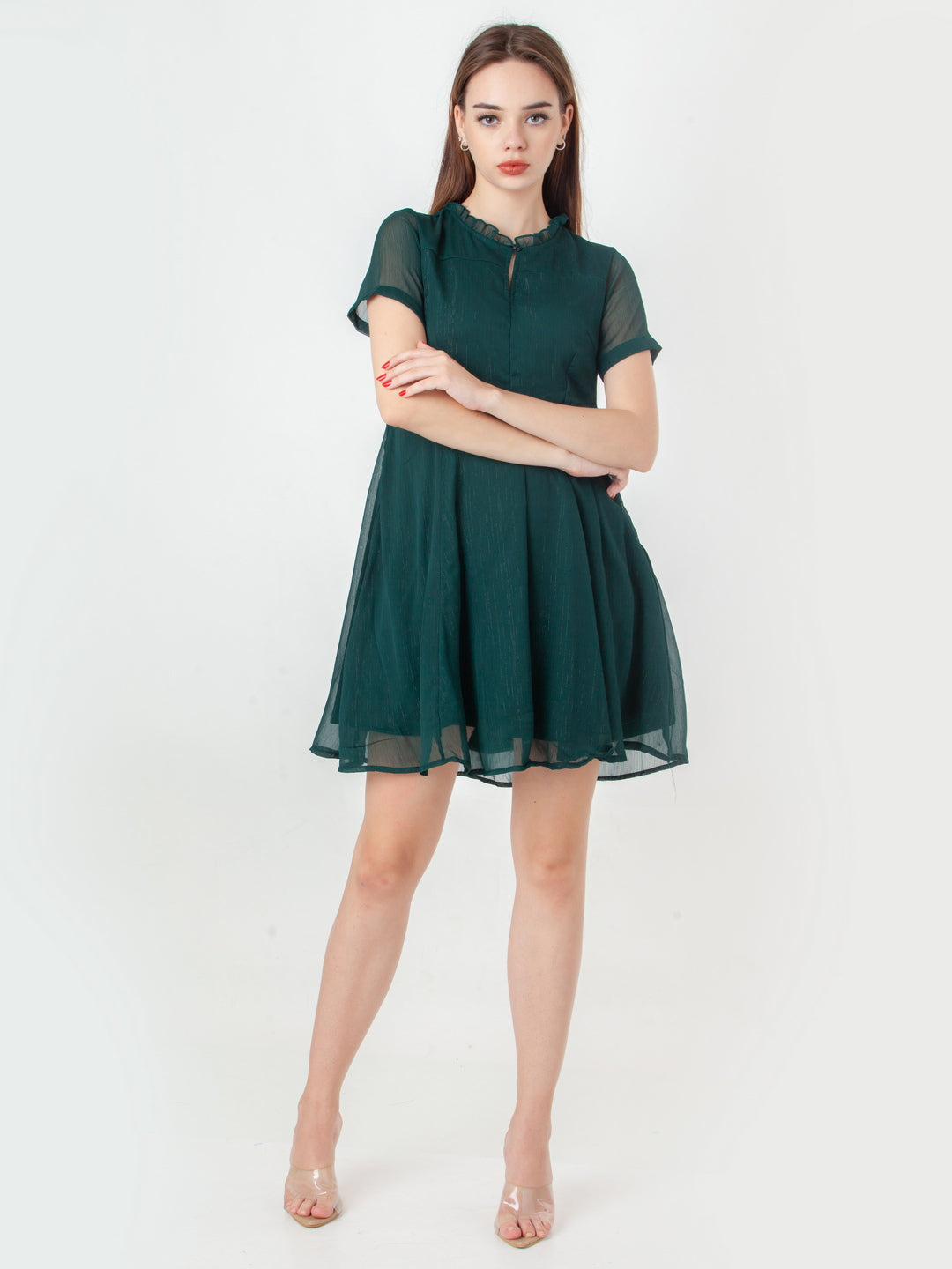 Green-Self-Design-Flared-Short-Dress-D06112_5