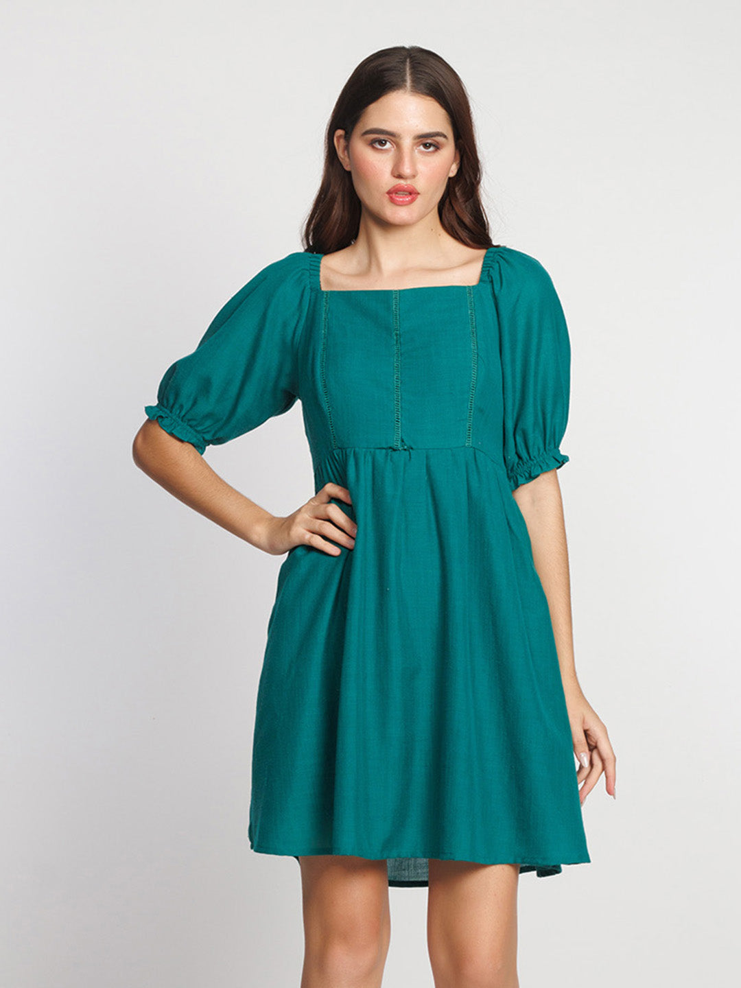 Green-Solid-Flared-Short-Dress-D08027-2