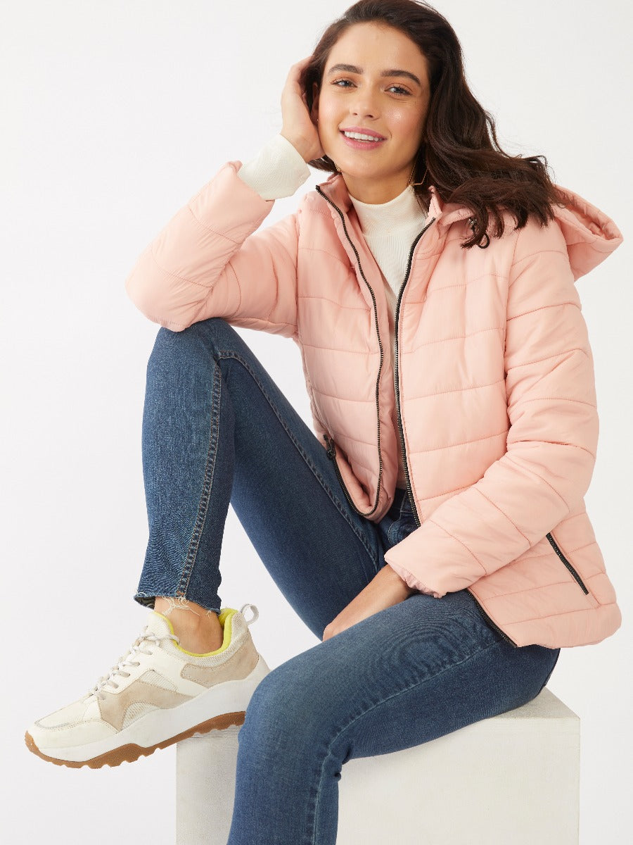 Pink Solid Quilted Jacket