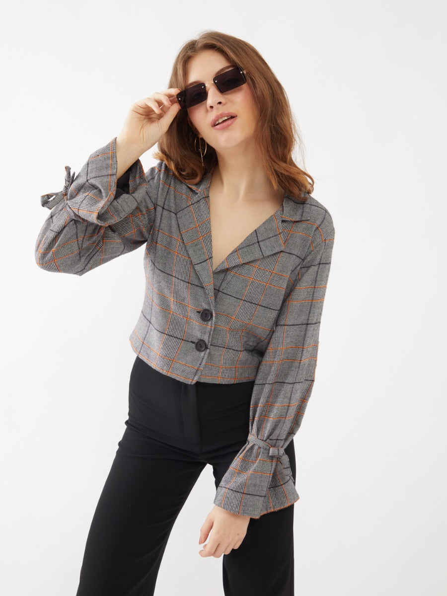 Grey Checked Crop Blazer